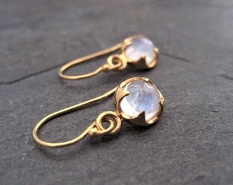 Moonstone dangle earrings, blue rainbow flash, prong set round rose cut gemstone drop, dainty earrings