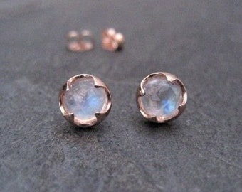 Rainbow moonstone stud earrings set in solid 14k rose gold, rose cut genuine gemstone with thorn prong setting