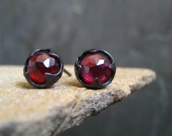 Garnet studs, rose cut studs, genuine garnet, garnet cabochon, red earrings, gemstone posts, thorn studs, faceted garnet, all handmade, 7 mm