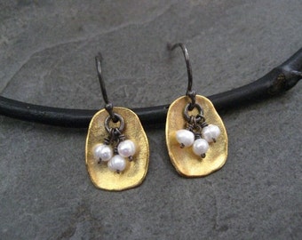 Pearl earrings, mixed metal, rectangle dangle, freshwater pearl, bead cluster, oxidized silver, gold, organic drop