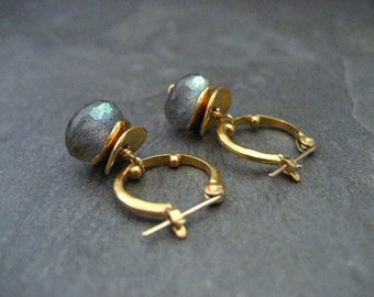 Labradorite small dotted hoop earrings, color flashes vary between greens/ blues or aqua's, satin gold finish