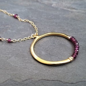 Rhodolite garnet crescent circle pendant, moon necklace, berry red faceted rondelle beaded necklace, gold and garnet image 2