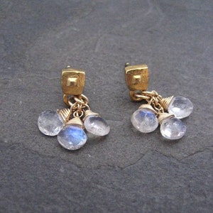 Natural moonstone earrings, dainty briolette bead dangle, teardrop cluster drop, genuine rainbow gemstone, pale blue flash image 1
