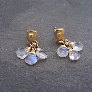 Natural moonstone earrings, dainty briolette bead dangle, teardrop cluster drop, genuine rainbow gemstone, pale blue flash