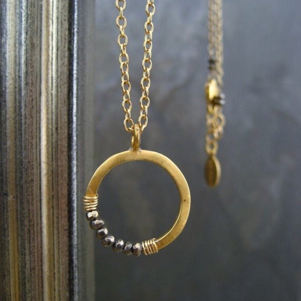 Pyrite necklace, circle pendant, crescent necklace, moon pendant, layering necklace, half moon, round pendant, gold circle pendant