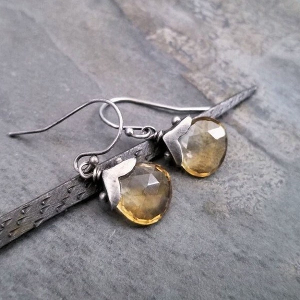 Citrine briolette dangle earrings set in an oxidized silver cap with dots, faceted yellow genuine gemstone drop