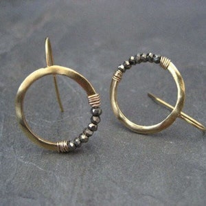 Pyrite hoops, gold hoops, faceted pyrite, crescent earrings, pyrite earrings, moon earrings, beaded hoops, sparkly hoops, circle earrings