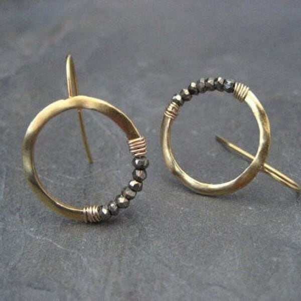 Pyrite hoops, gold hoops, faceted pyrite, crescent earrings, pyrite earrings, moon earrings, beaded hoops, sparkly hoops, circle earrings