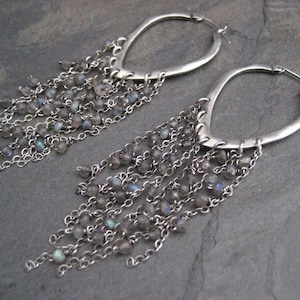 Labradorite chain dangle earrings, gemstone hoops, sterling silver faceted labradorite drops, blue green flash