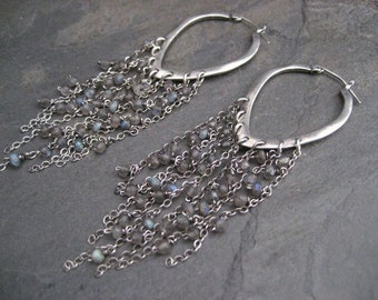 Labradorite chain dangle earrings, gemstone hoops, sterling silver faceted labradorite drops, blue green flash