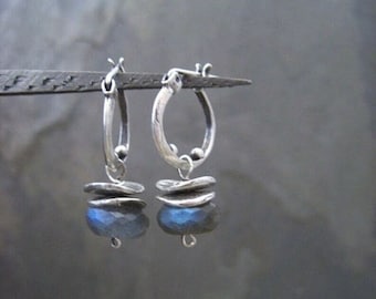 Labradorite hoops, small hoops, labradorite dangle, silver hoops, gemstone hoops, blue gray, silver dangle, oxidized hoops, blue flash