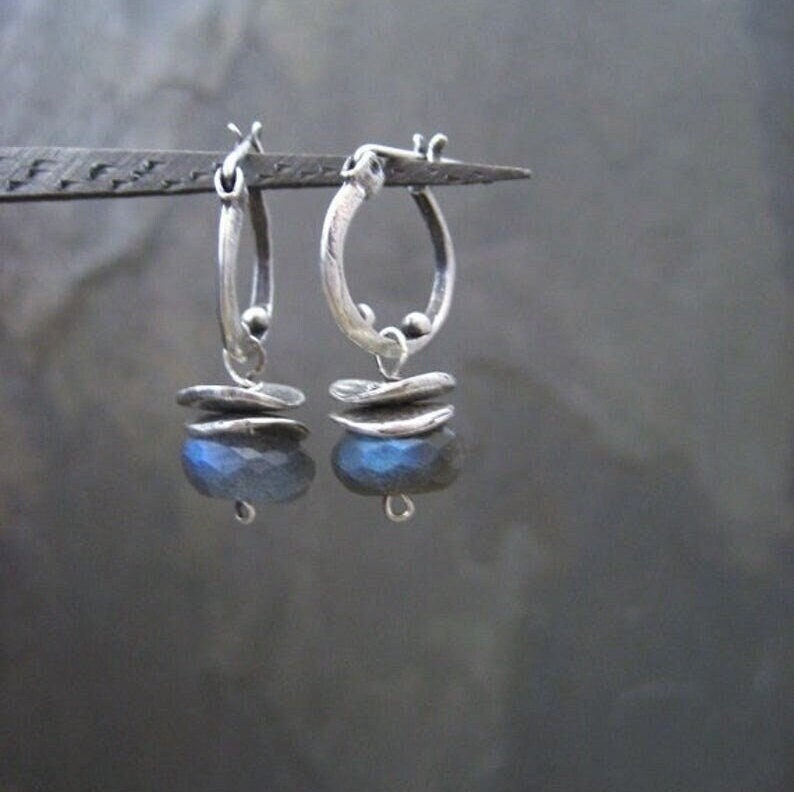 Labradorite hoops, small hoops, labradorite dangle, silver hoops, gemstone hoops, blue gray, silver dangle, oxidized hoops, blue flash