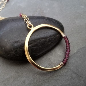 Rhodolite garnet crescent circle pendant, moon necklace, berry red faceted rondelle beaded necklace, gold and garnet image 3