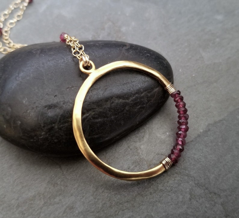 Rhodolite garnet crescent circle pendant, moon necklace, berry red faceted rondelle beaded necklace, gold and garnet image 3