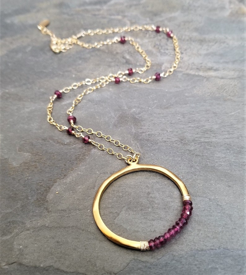 Rhodolite garnet crescent circle pendant, moon necklace, berry red faceted rondelle beaded necklace, gold and garnet image 5