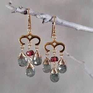 Moss aquamarine w garnet chandelier earrings, small statement earrings,  three tier dangle, briolette drops, genuine gemstones