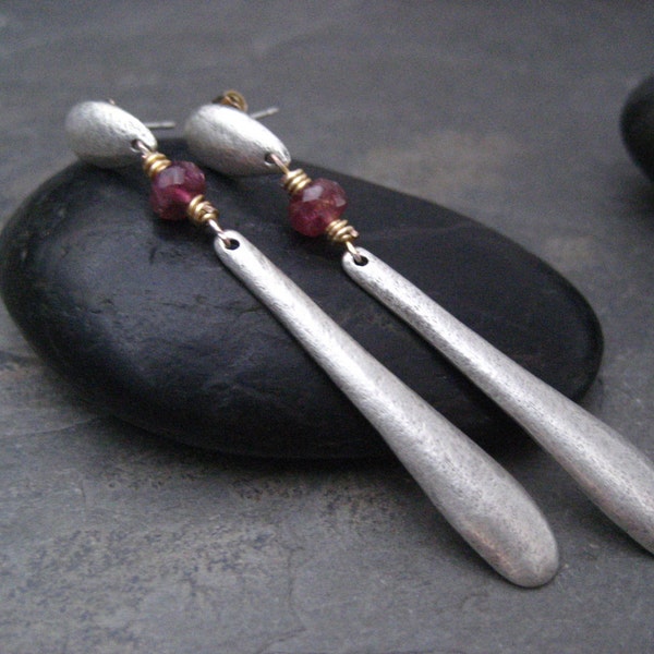 Linear paddle earrings with rough pink tourmaline - solid sterling silver