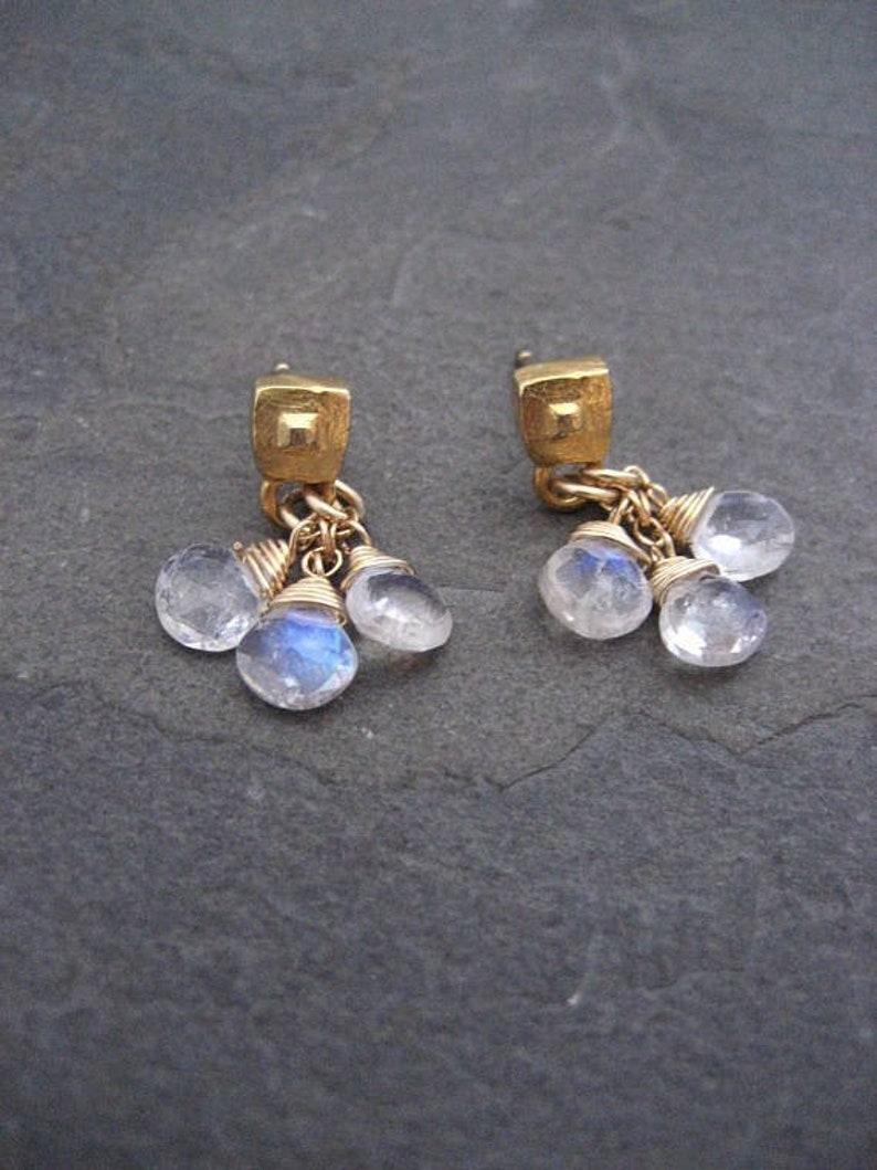 Natural moonstone earrings, dainty briolette bead dangle, teardrop cluster drop, genuine rainbow gemstone, pale blue flash image 1