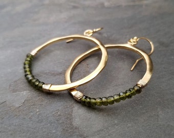 Green vesuvianite and gold circle earrings, beaded crescent dangle, satin finish gold hoops with idocrase, 36 mm diameter