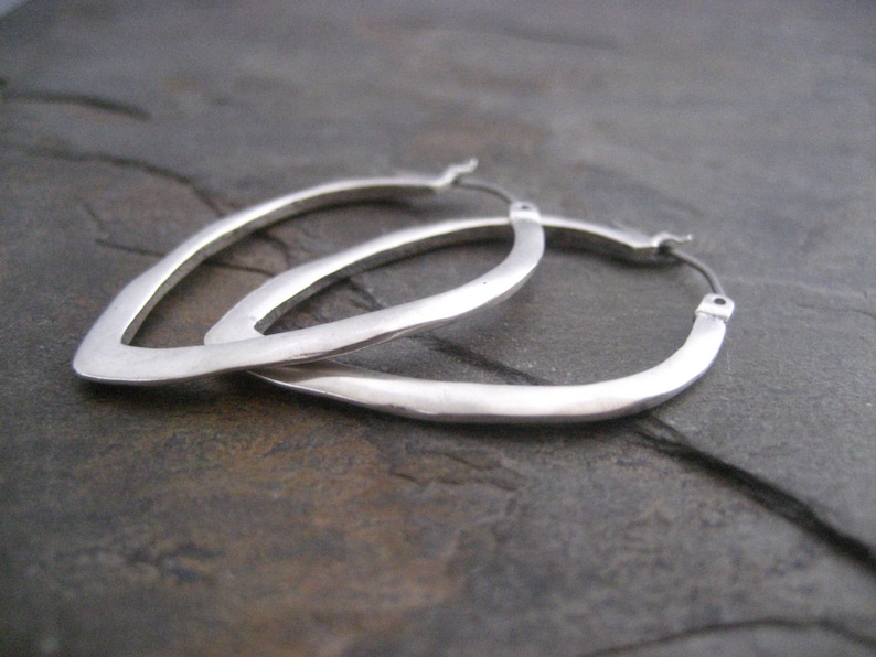 Rounded triangle shaped hoops, wavy shape, simple satin gold or oxidized silver hoops, medium size, edgy classic image 5