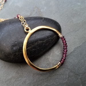 Rhodolite garnet crescent circle pendant, moon necklace, berry red faceted rondelle beaded necklace, gold and garnet image 6