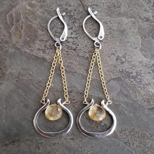 Citrine long dangle earrings with mixed metal gold and oxidized silver finish