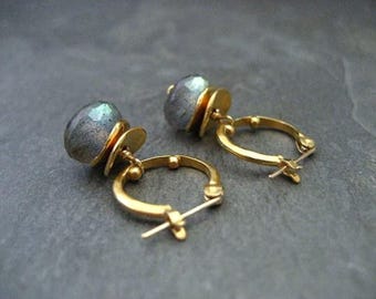 Labradorite small dotted hoop earrings, color flashes vary between greens/ blues or aqua's, satin gold finish