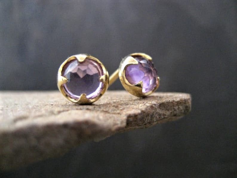 Amethyst stud earrings, rose cut cabochons, faceted amethyst, prong setting, round studs, February birthstone, gold and amethyst, 7 mm image 1