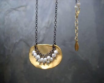 Pearl pendant, mixed metal, freshwater pearl, gold and black, oblong pendant, pearl cluster, mixed metal, black oxidized, gold pendant