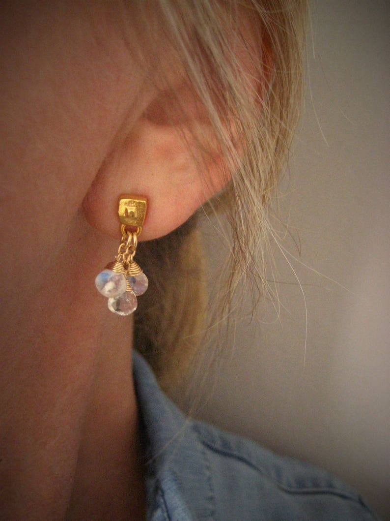Natural moonstone earrings, dainty briolette bead dangle, teardrop cluster drop, genuine rainbow gemstone, pale blue flash image 3