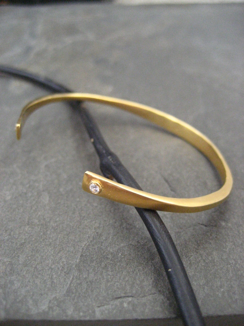 Cuff bracelet, gold open bangle, cubic zirconia, stacking bracelet, bezel setting, cuff with stones image 2