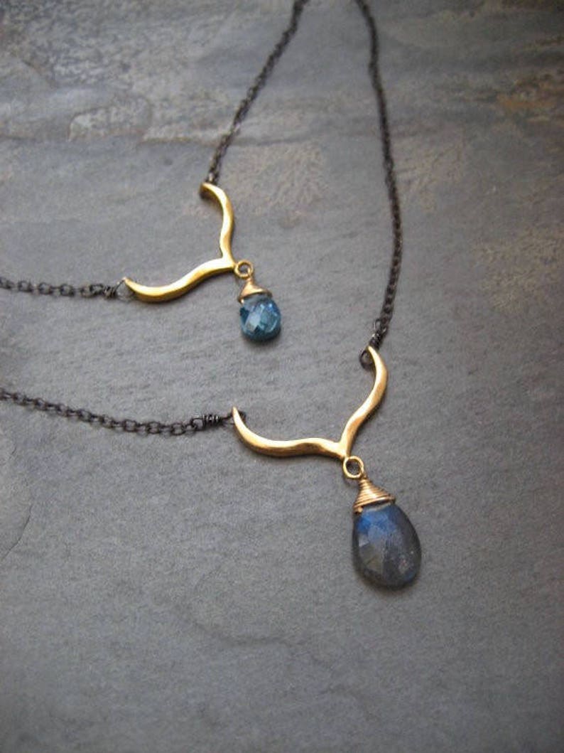 Labradorite necklace, blue topaz cz pendant, mixed metal necklace, double chain, 2 pendants, genuine gemstone, layering necklace image 1
