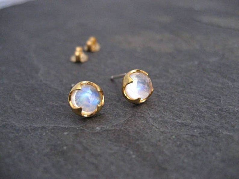 Moonstone stud earrings, 14k gold, rainbow color, rose cut, gold studs, round studs, genuine gemstone, blue flash studs, 7 mm image 2