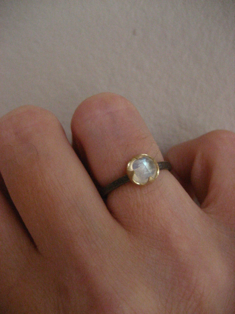 Moonstone ring, rainbow moonstone, mixed metal band, solitaire ring, solid 14k gold, textured ring, thorn ring, stacking ring image 5