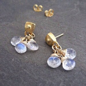 Natural moonstone earrings, dainty briolette bead dangle, teardrop cluster drop, genuine rainbow gemstone, pale blue flash image 2