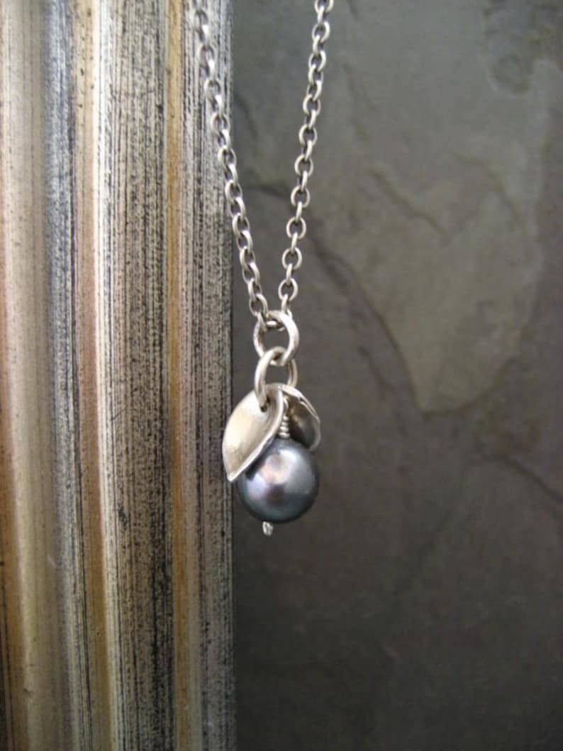 Pearl and leaf necklace solid sterling silver image 1