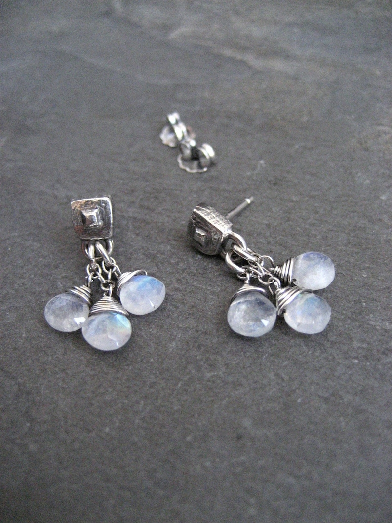 Natural moonstone earrings, dainty briolette bead dangle, teardrop cluster drop, genuine rainbow gemstone, pale blue flash image 4