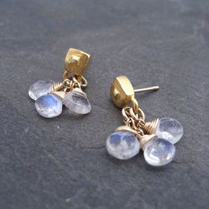 Natural moonstone earrings, dainty briolette bead dangle, teardrop cluster drop, genuine rainbow gemstone, pale blue flash image 7