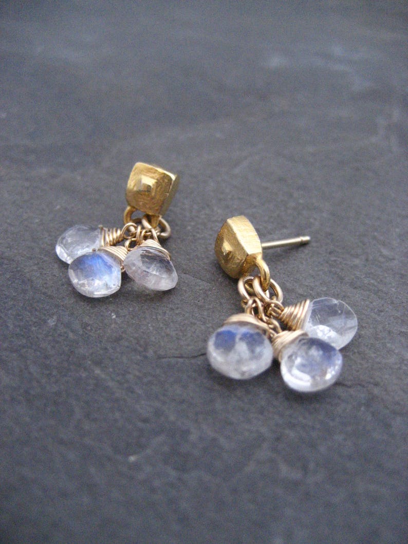 Natural moonstone earrings, dainty briolette bead dangle, teardrop cluster drop, genuine rainbow gemstone, pale blue flash image 7