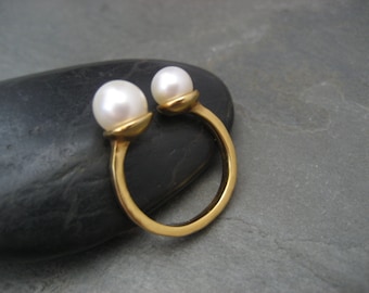 Twin pearl ring - solid sterling silver with 18k gold plating and 2 genuine cultured pearls