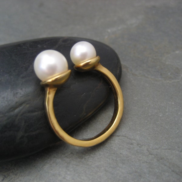 Twin pearl ring - solid sterling silver with 18k gold plating and 2 genuine cultured pearls