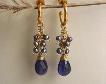 Faceted iolite briolettes and blue freshwater pearl baby hoop earrings
