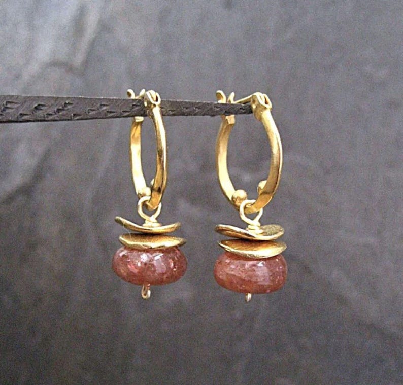 Sunstone dangle earrings, huggie hoops with rusty orange gemstone drops, dotted small hoops, satin gold finish