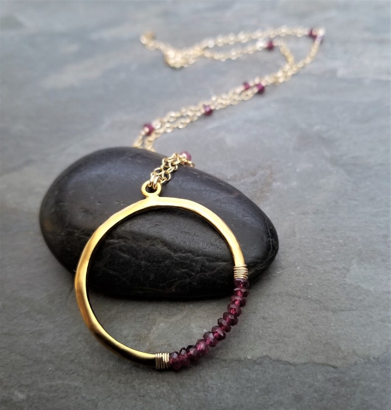 Rhodolite garnet crescent circle pendant, moon necklace, berry red faceted rondelle beaded necklace, gold and garnet image 4