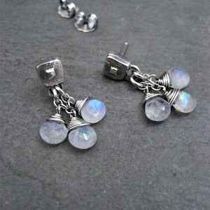 Natural moonstone earrings, dainty briolette bead dangle, teardrop cluster drop, genuine rainbow gemstone, pale blue flash image 6