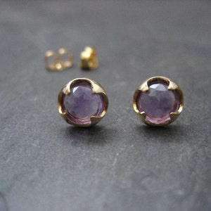Amethyst stud earrings, rose cut cabochons, faceted amethyst, prong setting, round studs, February birthstone, gold and amethyst, 7 mm image 2