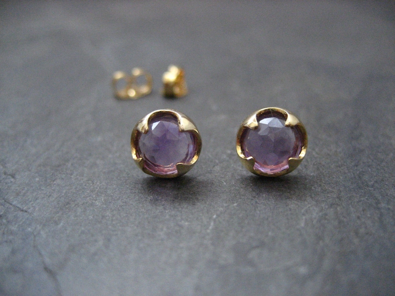 Amethyst stud earrings, rose cut cabochons, faceted amethyst, prong setting, round studs, February birthstone, gold and amethyst, 7 mm image 2