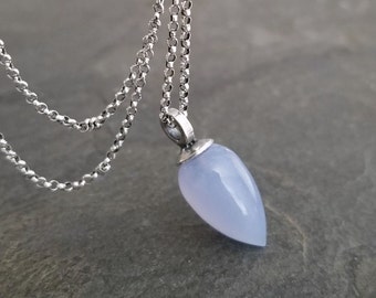 Blue chalcedony inverted teardrop necklace with oxidized silver rolo chain, genuine gemstone, handmade