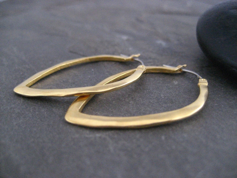 Rounded triangle shaped hoops, wavy shape, simple satin gold or oxidized silver hoops, medium size, edgy classic image 3