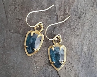 Blue kyanite shield shaped dangle earrings, gold hand-forged claw prong setting